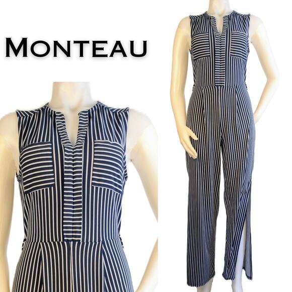 Monteau Blue White Sleeveless Striped Stretch Jumpsuit Open Back Size Medium - Picture 1 of 11